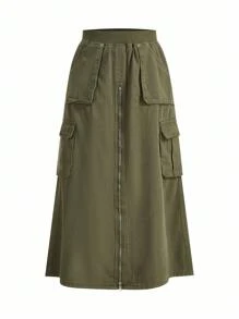 SHEIN x PRISCILA & JIMENA ROMWE Grunge Punk 带盖口袋拉链牛仔半身裙，学校风 - 軍綠色 - 查看 3