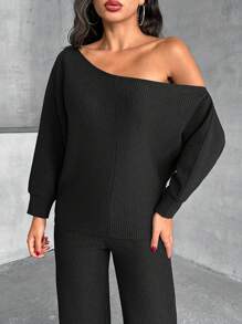 EURMUSE 女士，秋季，两件套，运动衫，裤子，奥斯曼面料，落肩运动衫，半袖，短款长度，长裤，松紧腰带 - 藏蓝色 - 查看 6