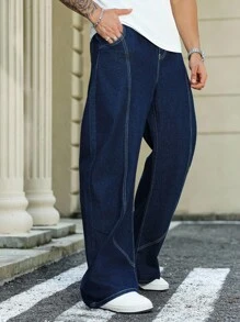 Manfinity Homme Jeans in denim con vestibilità morbida, effetto consumato e ricamo a lettere, adatti per tutte le stagioni - Blu - Visualizzare 8