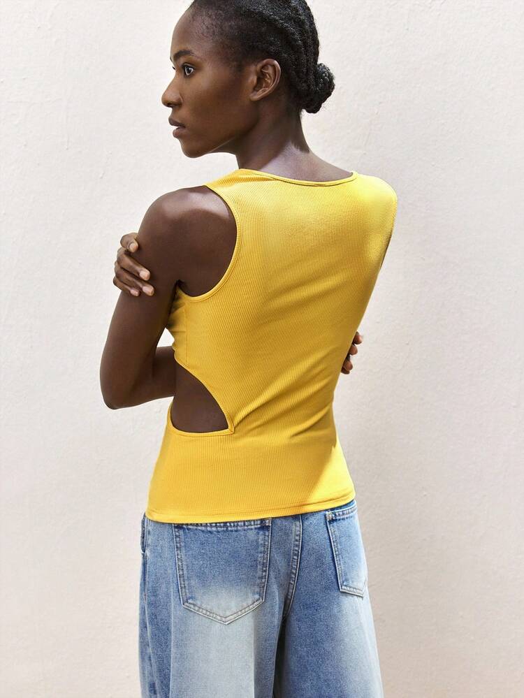SHEIN Maija レディース 夏 メタリック装飾 ホロー スリムフィット タンクトップ