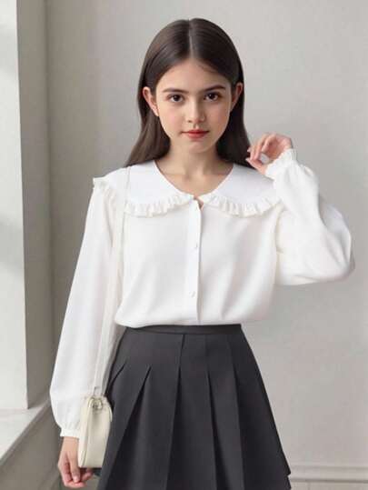 SHEIN قميص ابيض بأكمام طويلة للفتيات المراهقات بياقة مكرمشة