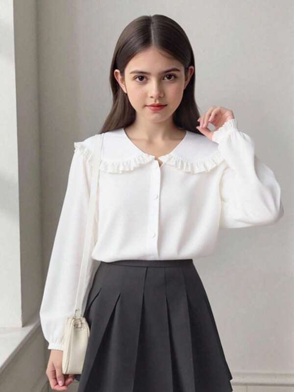 SHEIN Blusa blanca de manga larga con cuello con volantes para niña preadolescente