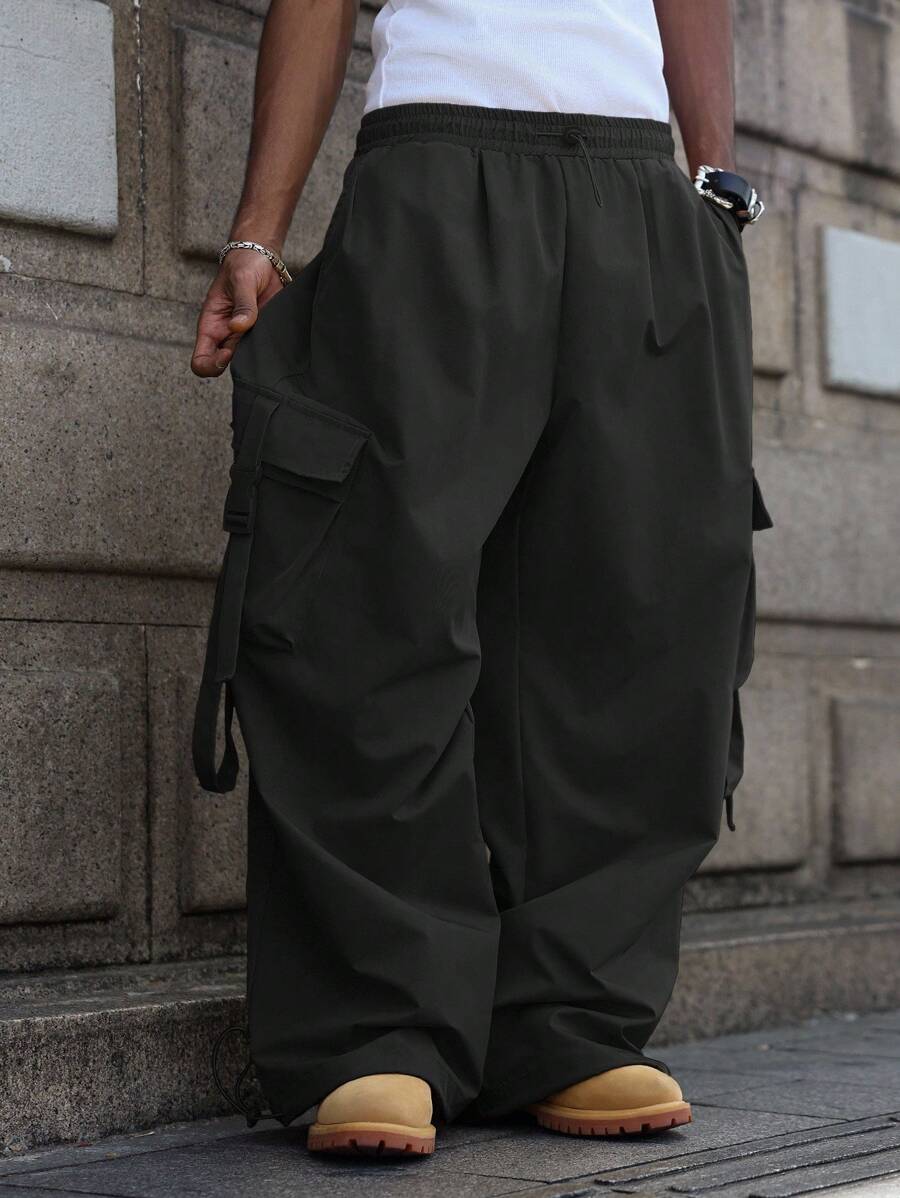 PAVTROS Manfinity Streetrush Men's Fashionable Versatile Solid Color Cargo Pants, For Fall - Black - View 1