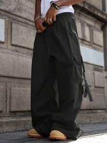 PAVTROS Manfinity Streetrush Men's Fashionable Versatile Solid Color Cargo Pants, For Fall - Black - View 6