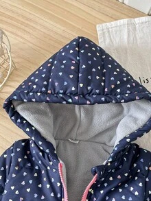 SHEIN 女婴心形印花连帽拉链保暖棉服外套，冬季 - 藍色 - 查看 4