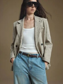 Ontre Women's Fashion Double-Breasted Thick Tweed Jacket, Suitable For Commuting Modern Urban Casual Fashion Business Office Wear Low-Key Old Money Style - Brown - View 4