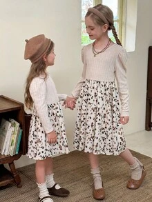 LMoss Kids LMoss 青少年女孩針織圓領拼接花卉下擺休閒洋裝，可愛白色動物印花秋季法式長袖青少年女孩茶會洋裝，秋季 - 杏色 - 查看 4