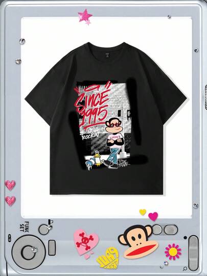 Paul Frank X ROMWE Camiseta de manga corta con estampado de dibujos animados para hombres, estilo vintage de alta calle
