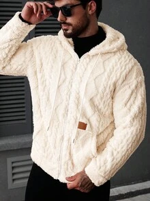 Manfinity CasualCool 男士长袖休闲纯色抓绒连帽外套，秋冬季百搭毛绒连帽羊羔绒外套 - 杏色 - 查看 4
