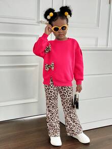 SHEIN 2pcs Young Girl Crew Neck 3D Leopard Print Bow Knit Sweater And Pants Set,Girls Cheetah Outfit For Autumn,School,Back-To-School Comfy Fall Winter - Hot Pink - View 3