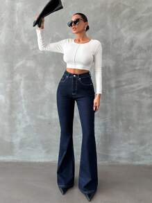 SHEIN Tall 98%Cotton Zip Front Skinny Flare Jeans TALL Women Clothing Jeans Flare Jeans Women Flared Jeans For Women - Dark Wash - View 5