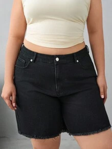 EURMUSE 100%纯棉原色下摆细节黑色大码迷你短裤 - 黑色 - 查看 4