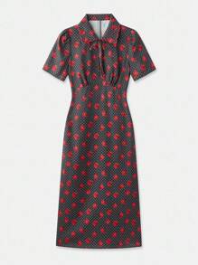 lacRébo 修身中长连衣裙，搭配红玫瑰和圆点印花和扇形领结，教师装，约会夜礼服，外出装，秋季连衣裙 - 彩色 - 查看 6