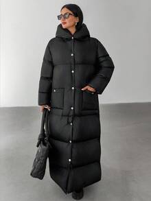 EURMUSE Women Solid Color Belted And Pocket Detailed Long Winter Coats - Black - View 4