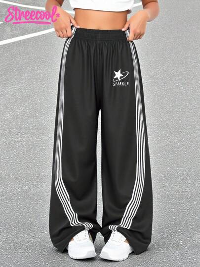 SHEIN Explorewe Streecool Teen Girl Casual Collegiate Loose Fit Patterned Trousers, Comfortable Sporty Style Suitable For Teens, All Season Everyday Wear Fall Winter