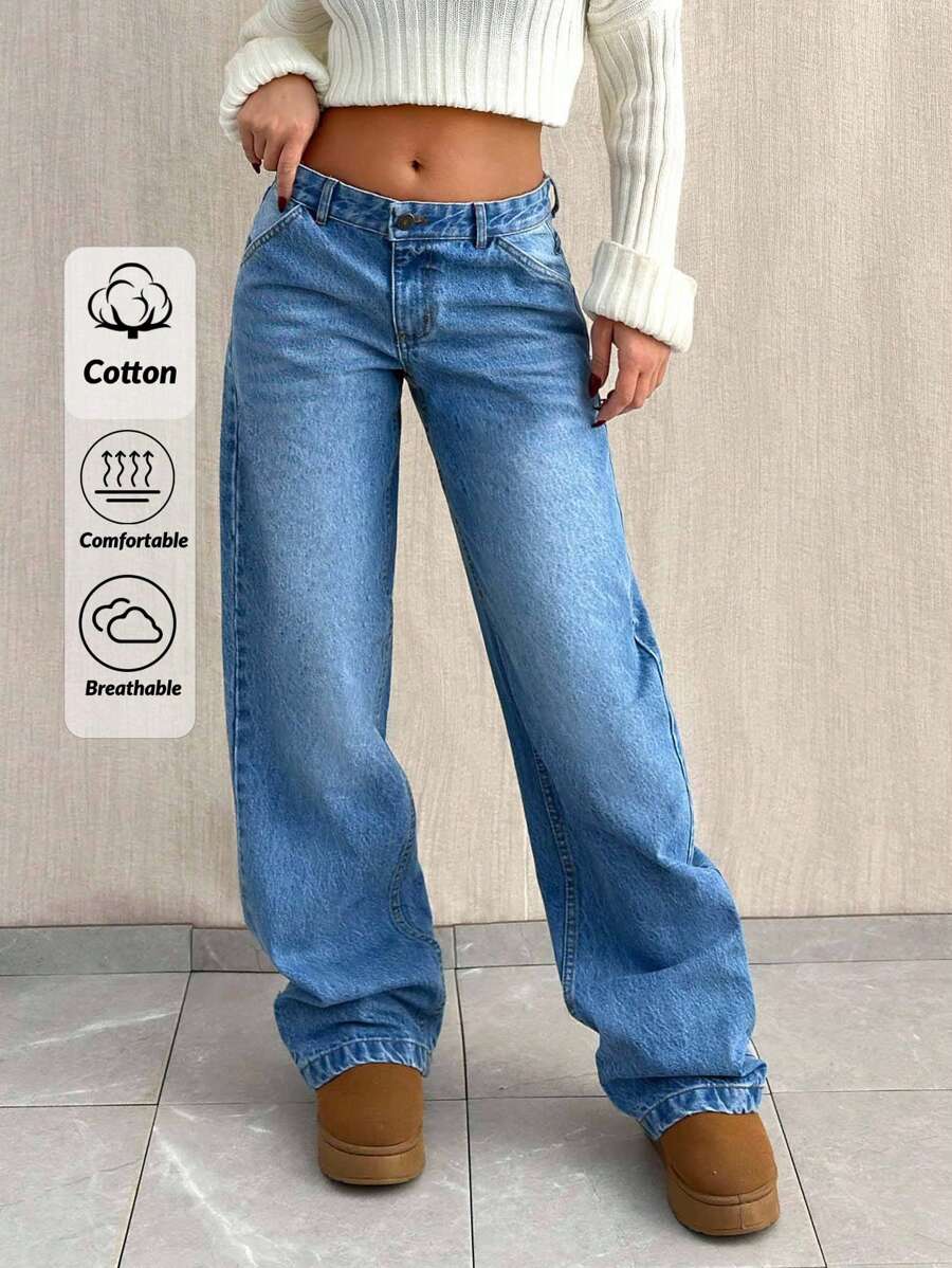 SHEIN Tall 高腰休闲宽松直筒牛仔裤 - 中等水洗藍 - 查看 1