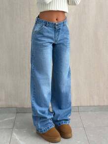 SHEIN Tall 高腰休闲宽松直筒牛仔裤 - 中等水洗藍 - 查看 3