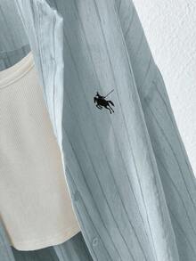 INAWLY 女士休闲条纹刺绣防晒衬衫，夏季 - 淺藍色 - 查看 6