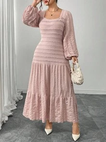 Modelyn 女式针织长袖开衩领口加大码荷叶边下摆连衣裙 - 藕粉色 - 查看 1