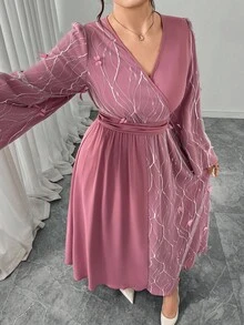 Modelyn Elegant Floral Patchwork Crossover Neck Flare Sleeve Plus Size Dress, Romantic & Fashionable Fall Cloth For Women - Pink - View 5