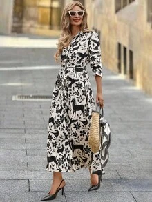 SHEIN Clasi 女式衬衫式超长连衣裙，黑色剪影印花，秋季休闲长袖连衣裙 - 黑與白 - 查看 6