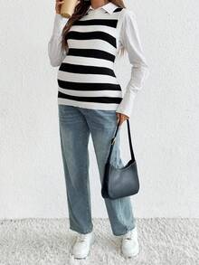 SHEIN 孕妇条纹圆领无袖休闲针织上衣 - 黑與白 - 查看 6