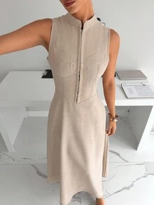Siren Gaze Solid Color Sleeveless Stand Collar Long Waist Gathered Hem Dress, Elegant Office Wear For Women Beige Dress For Women Neutral Dresses For Women Asymmetrical Dress Slit Dress Corset Dress Summer Evening Dress - Apricot - View 5