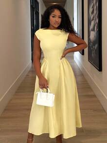 Alexandranx 女士优雅日常时尚新款度假灯笼袖收腰 A 字中长连衣裙，黄色 - 淡黃色 - 查看 5