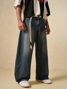 ROMWE MEN Street Life Quần jean ống rộng cài nút đa năng thời trang thường ngày dành cho nam - Đồng - Xem 5