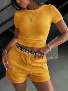 INAWLY 夏季休闲纯色短袖T恤和短裤套装 - 黃色 - 查看 4
