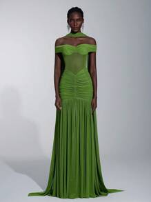 Elitara 优雅奢华橄榄绿色弹力网眼船领全荷叶边亮片伴娘礼服 - 綠色 - 查看 1