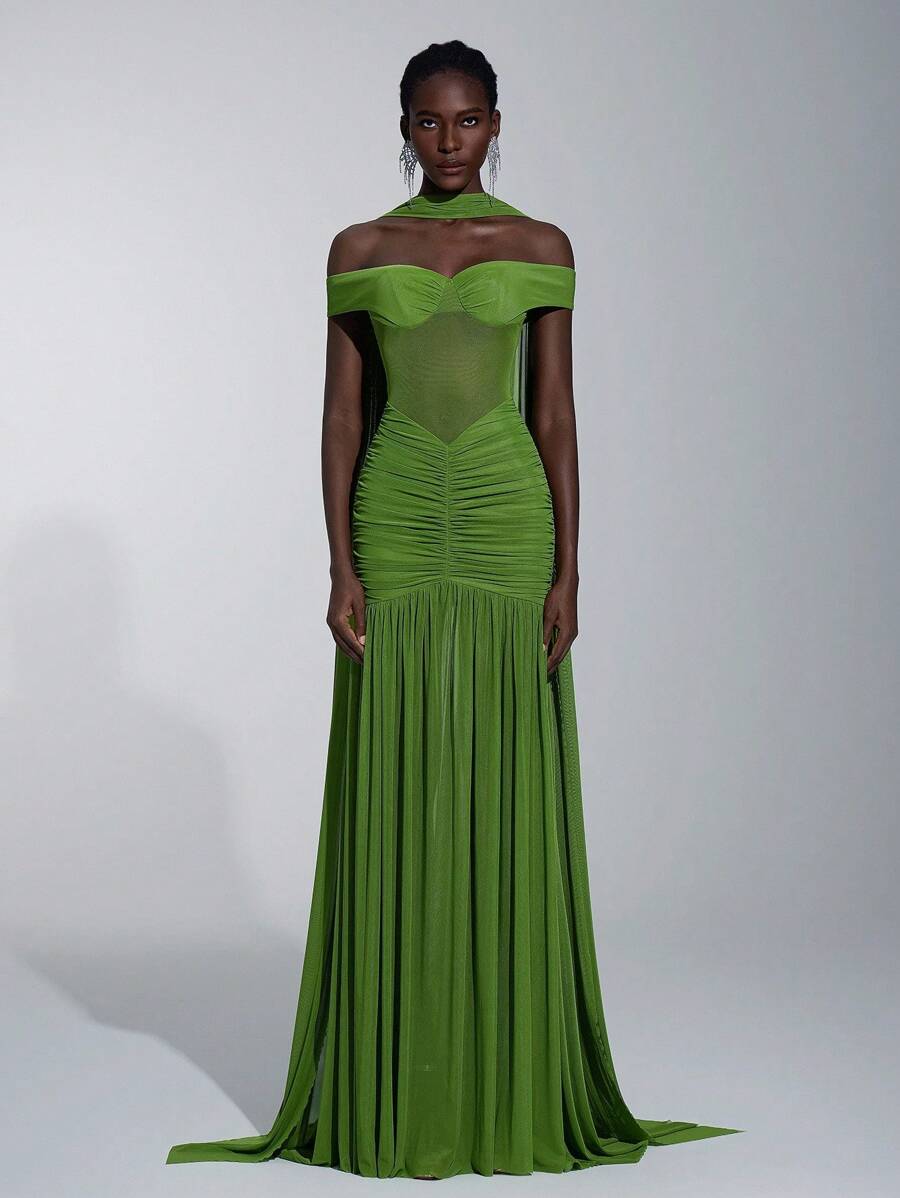 Elitara 优雅奢华橄榄绿色弹力网眼船领全荷叶边亮片伴娘礼服 - 綠色 - 查看 1