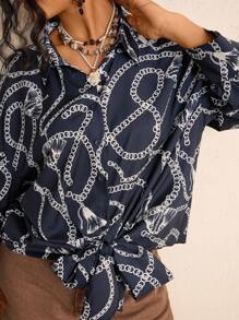 SHEIN LUNE LUNE Women's Plus Size Navy Blue Elegant Office Shirt,Chain Print Long Sleeve Knit Tie Cuff Blouse,Old Money Summer Boho Chic Business Fashion Tops - Multicolor - View 8