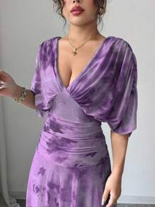 Elenzga Váy họa tiết hoa cổ chữ V thanh lịch dành cho nữ - Màu tím - Xem 6