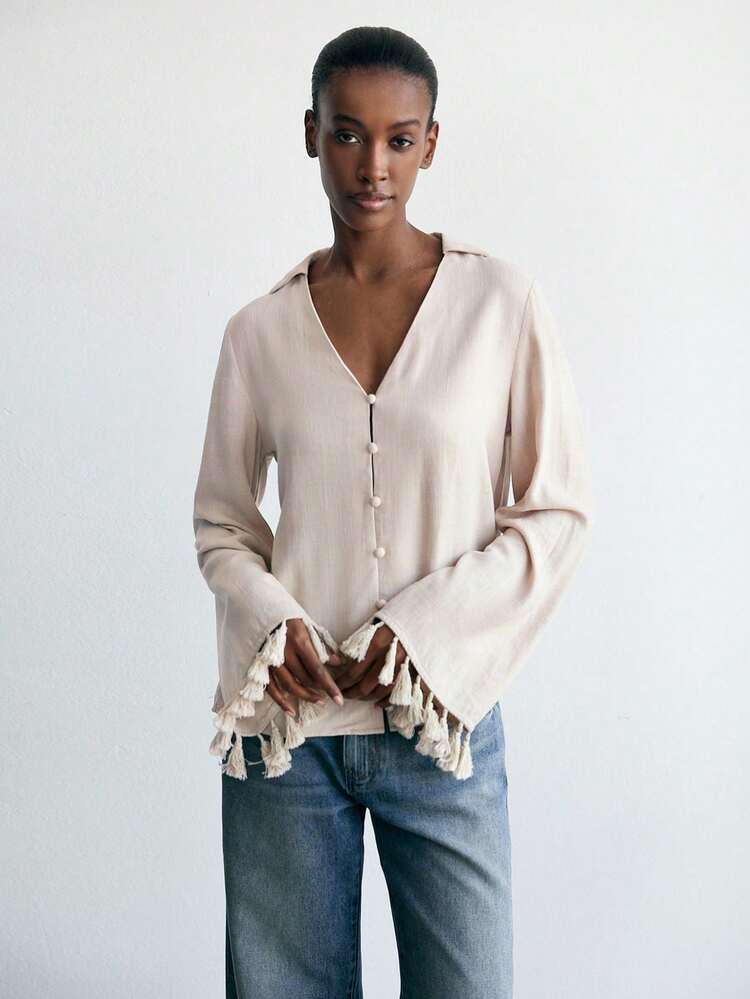 SHEIN Maija Women's Solid Color Long Sleeve Blouse, Minimalist Fashion Suitable For Summer, St. Patrick's Day, Spring Break, Easter