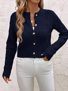 SHEIN Clasi Women's Long Sleeve Single-Breasted Casual Short Hollow-Out Knitted Cardigan In Fall/Winter