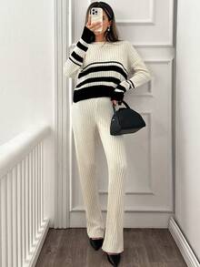 EURMUSE Tall Size Casual Two Pieces Outfit For Winter With Sweater And Sweater Pants Two Piece Knit Set Striped Knit Set Ribbed Knit Set,Co Ords Sets Women,Co Ord,Autumn Outfits Women - Black and White - View 3