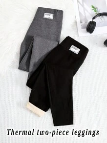 SHEIN Tween Girls Two Pieces Tight-Fitting Fleece Thermal Leggings With Waist Patch Decoration Chic Outfits For Autumn/Winter