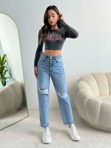EURMUSE HIGH WAIST MOM FIT JEANS Simple Practical Multifunctional - Light Wash - View 3