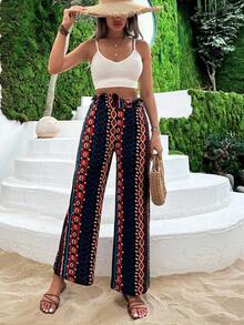 RueChic Stripes And Geometric Pattern Knotted Paperbag Waist Pants - Multicolor - View 4