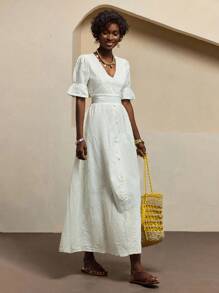 Bóhologie Vestido maxi blanco elegante con mangas globo cortas, bordado de ojal