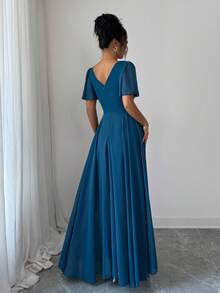 Elenzga 荷叶边袖腰部收紧 V 领 A 字型简约优雅浪漫精致女士连衣裙 - 水鴨藍 - 查看 2