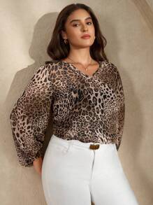 Plus Size Women Leopard Print V-Neck Lantern Sleeve Loose Blouse, Fall ...