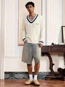 SWAVVY 男士时尚 V 领长袖条纹麻花图案休闲毛衣，麻花针织，秋冬 - 白色 - 查看 3