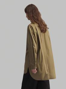 Ontre 2025 New Urban Casual Retro Japanese Style V-Neck Asymmetric Button Loop Loose Tie Accessory Women's Shirt, Minimalist Elegant For Spring/Summer - Army Green - View 4