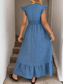 Easowa Shirred Cap Sleeve Drawstring Waist Ruffle Hem Flowy Dress, Casual Resort Wear For Women Boho - Blue - View 9