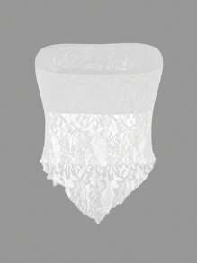 SHEIN EZwear 白色女士性感休闲蕾丝面料不对称下摆紧身抹胸上衣，适合夏季 - 白色 - 查看 2