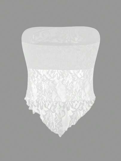 SHEIN EZwear Top bandeau ajustado con bajo asimétrico de tela de encaje blanco, apropiado para el verano