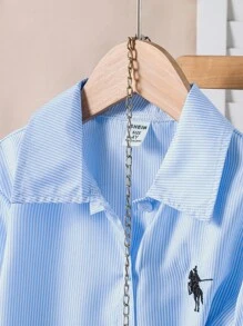 Elladie kids 1 件女童翻领长袖纽扣条纹衬衫，正面绣有图案，秋季休闲上衣