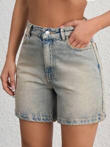 EURMUSE WOMEN VINTAGE WASH HIGH WAIST DENIM SHORT Y2K STYLE - Light Wash - View 4